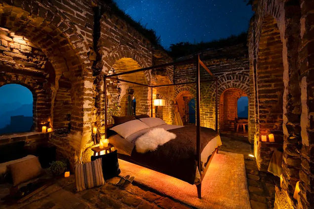 Promotional photo depicting the remodeled guard tower an Airbnb guest would sleep in.